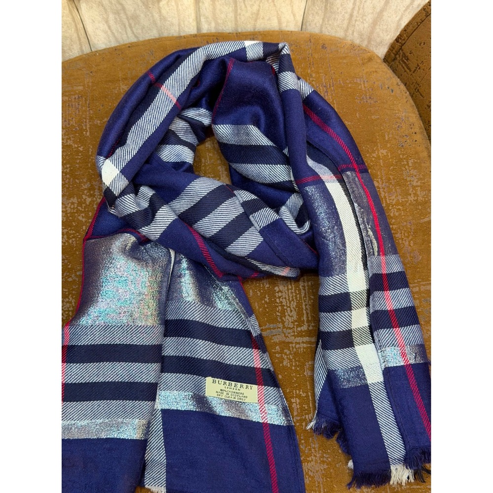 Burberry London Cashmere Scarf Navy Blue Silver Metallic House Check Scotland